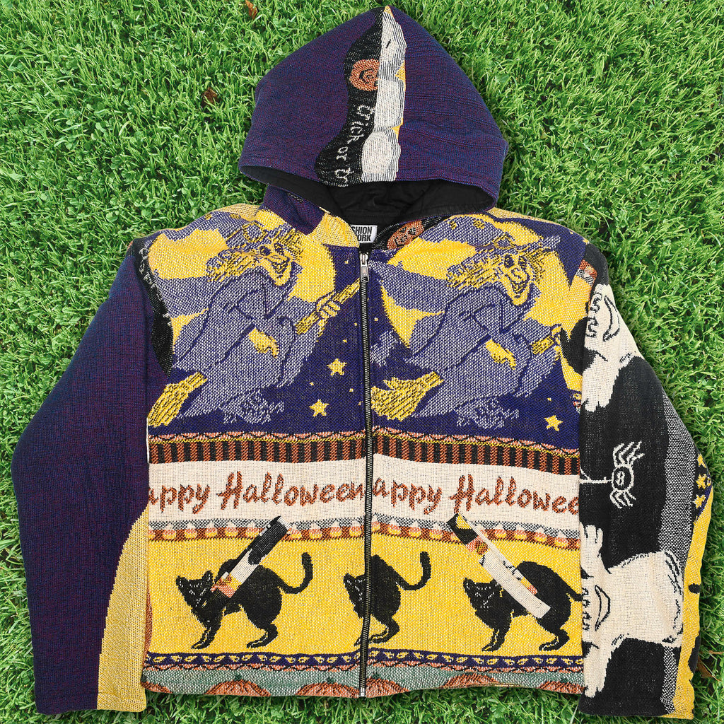 Witching Hour Heirloom Tapestry Zip Coat — Black Cat 90s Halloween Jacket