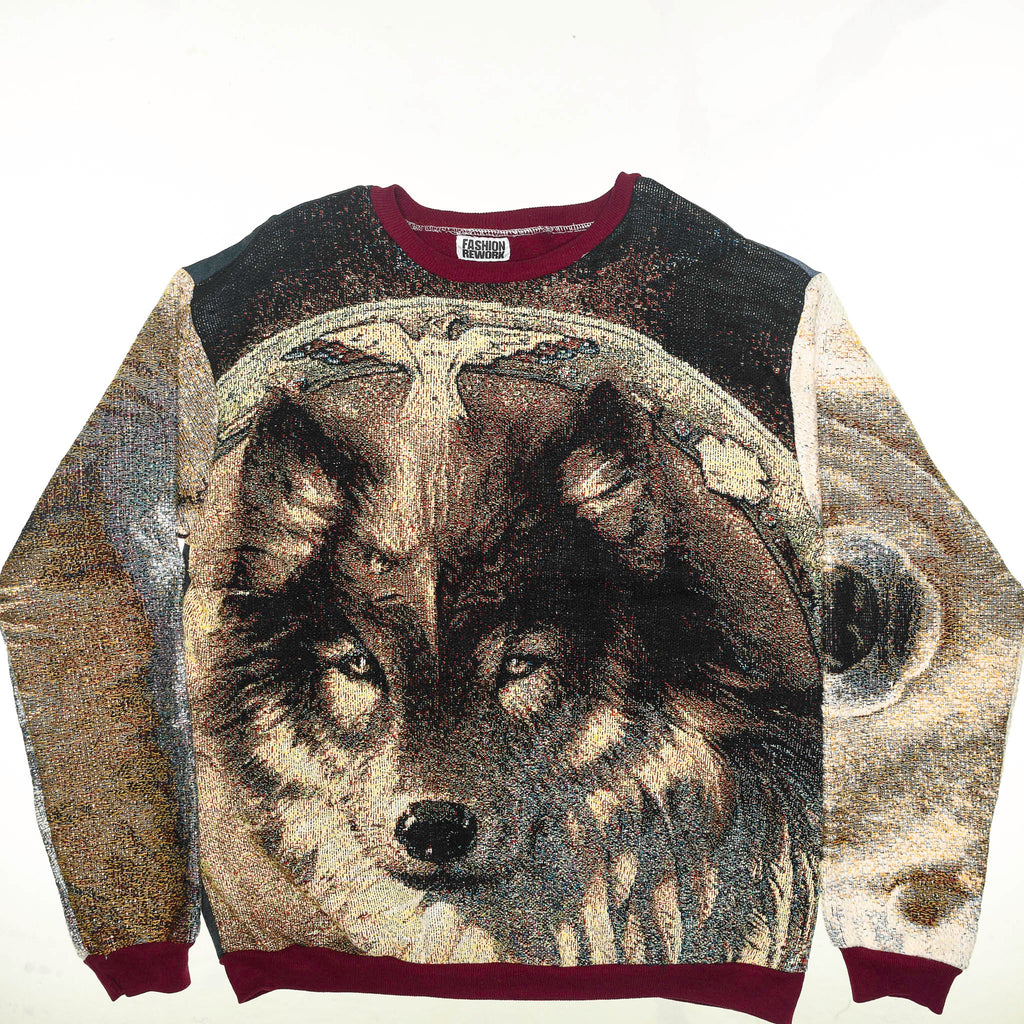 Thunder Guardian Tapestry Panel Pullover — Rare Wolf & Thunderbird Upcycled Artwear Sweatshirt