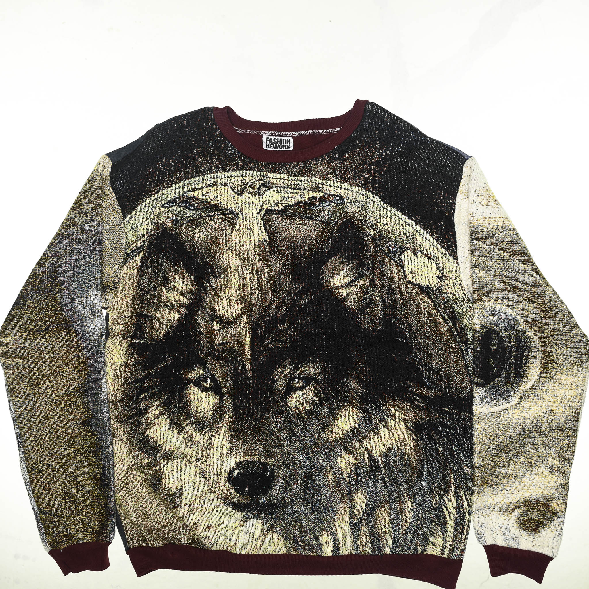 Thunder Guardian Tapestry Panel Pullover — Rare Wolf & Thunderbird Upcycled Artwear Sweatshirt