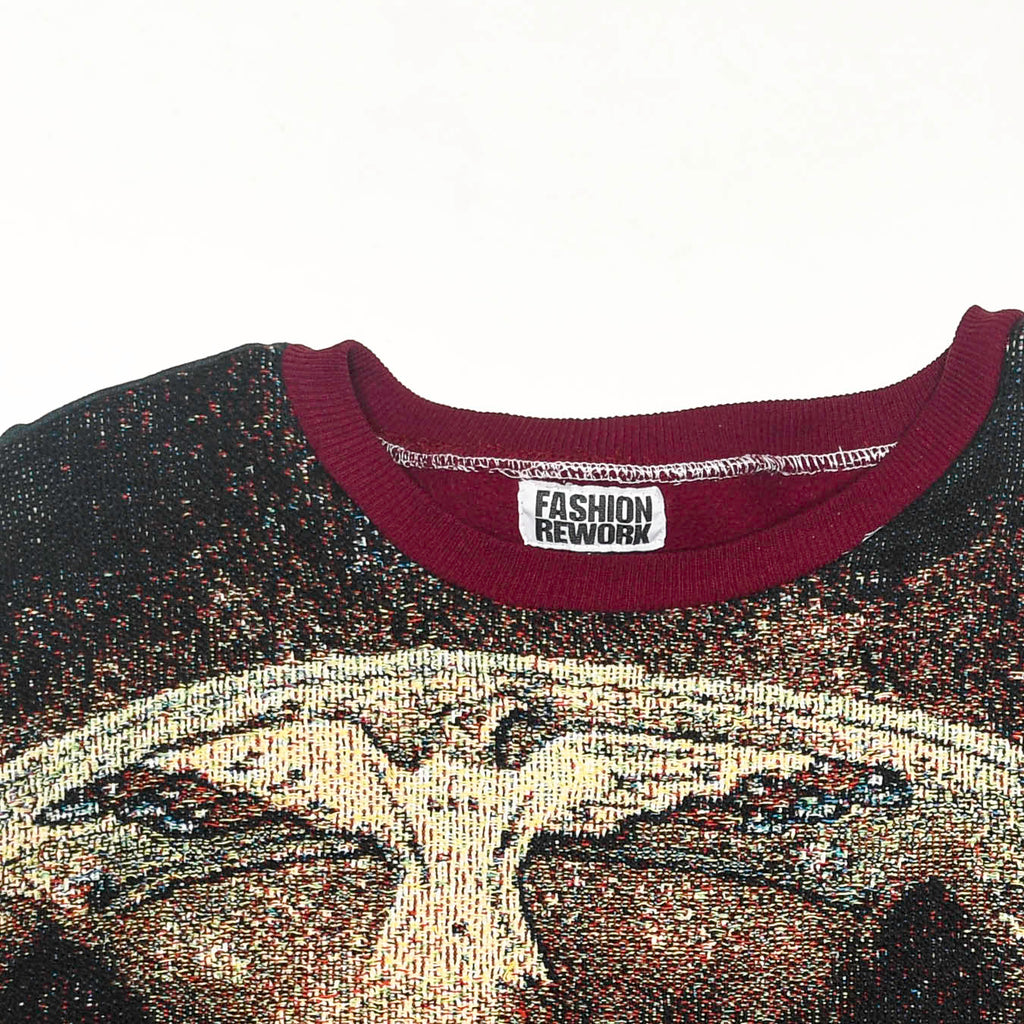 Thunder Guardian Tapestry Panel Pullover — Rare Wolf & Thunderbird Upcycled Artwear Sweatshirt