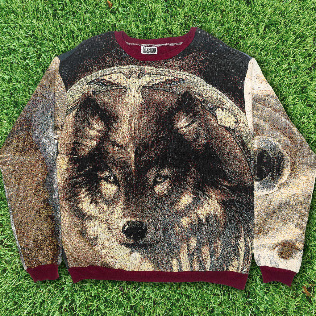 Thunder Guardian Tapestry Panel Pullover — Rare Wolf & Thunderbird Upcycled Artwear Sweatshirt