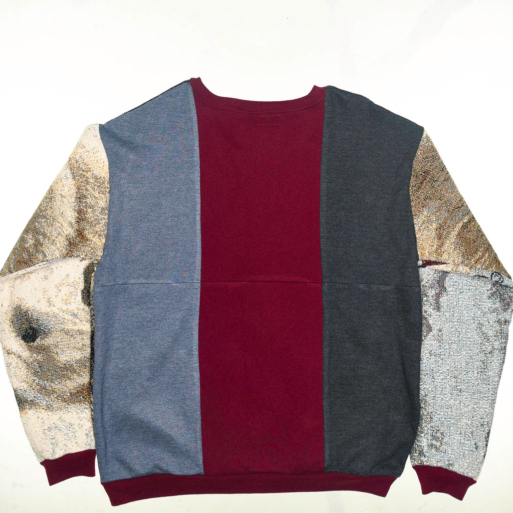 Thunder Guardian Tapestry Panel Pullover — Rare Wolf & Thunderbird Upcycled Artwear Sweatshirt