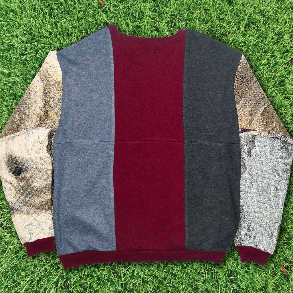 Thunder Guardian Tapestry Panel Pullover — Rare Wolf & Thunderbird Upcycled Artwear Sweatshirt