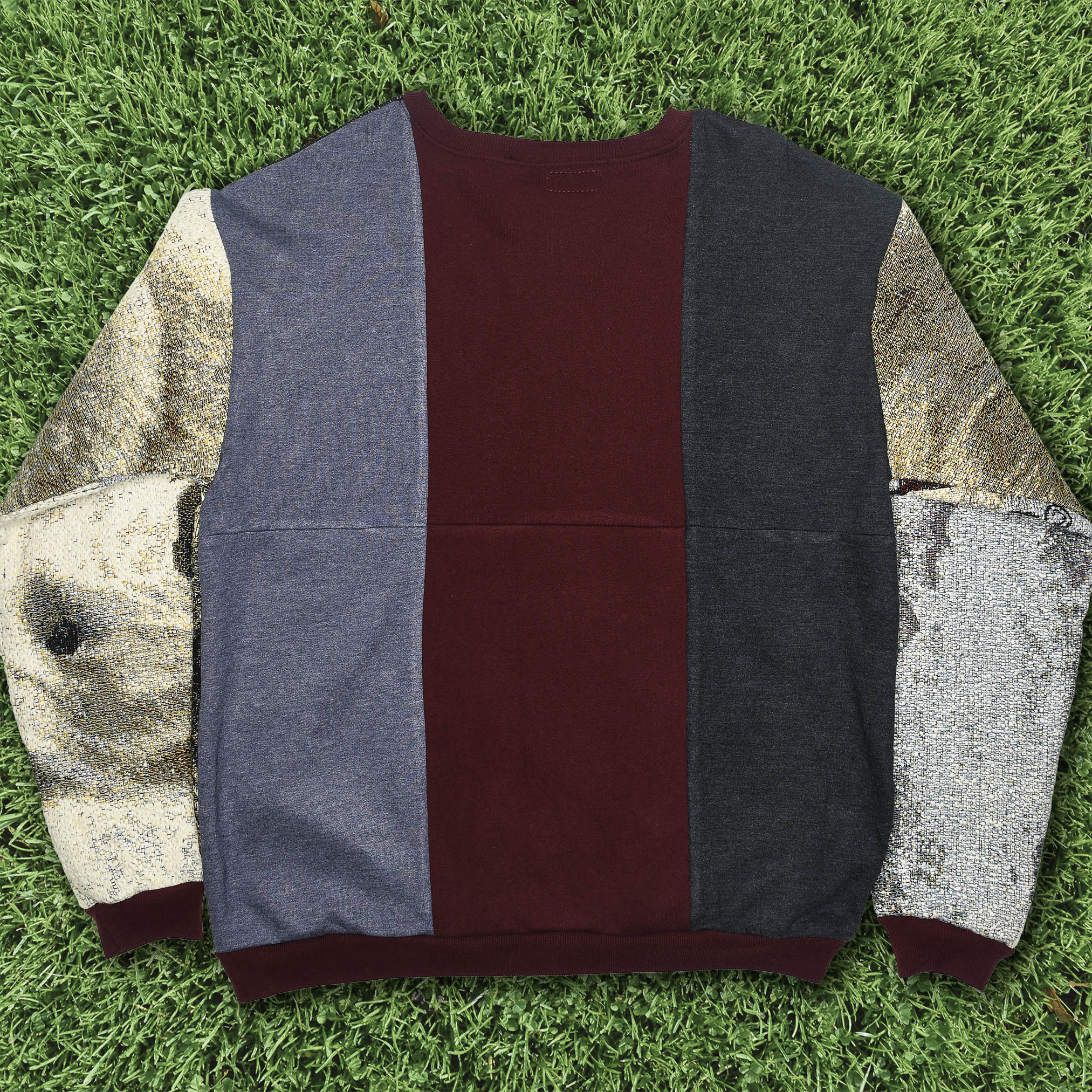 Thunder Guardian Tapestry Panel Pullover — Rare Wolf & Thunderbird Upcycled Artwear Sweatshirt