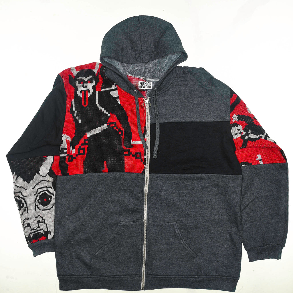 Dance with the Devil Tapestry Patch Hoodie — Upcycled Retro Satanic Folk Art Jacket