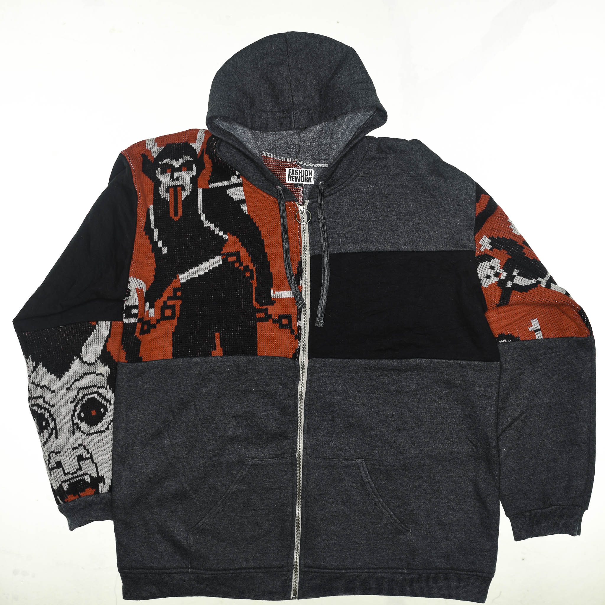 Dance with the Devil Tapestry Patch Hoodie — Upcycled Retro Satanic Folk Art Jacket