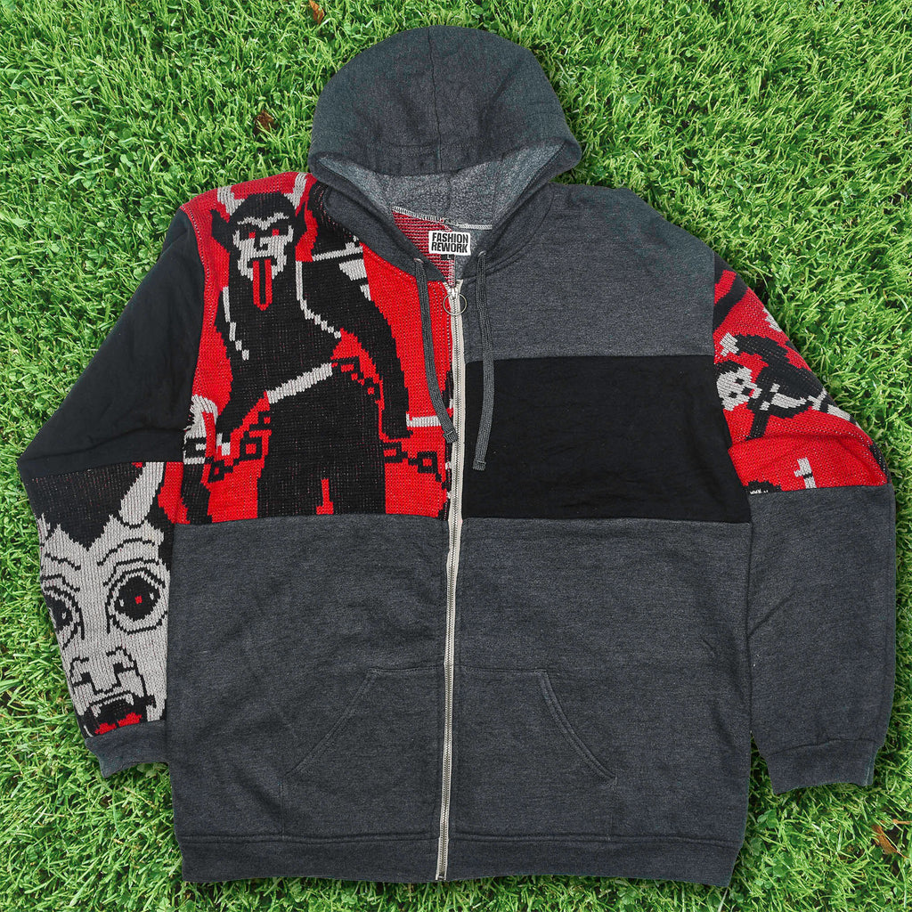 Dance with the Devil Tapestry Patch Hoodie — Upcycled Retro Satanic Folk Art Jacket