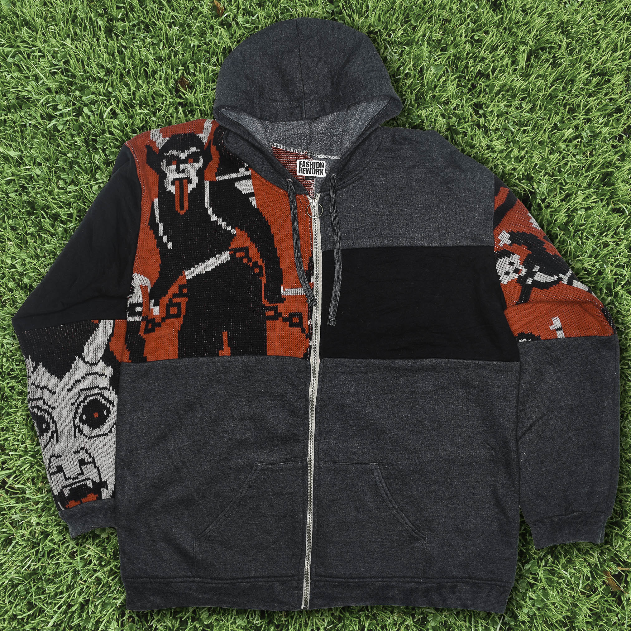 Dance with the Devil Tapestry Patch Hoodie — Upcycled Retro Satanic Folk Art Jacket