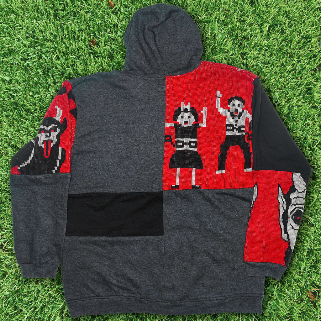 Dance with the Devil Tapestry Patch Hoodie — Upcycled Retro Satanic Folk Art Jacket