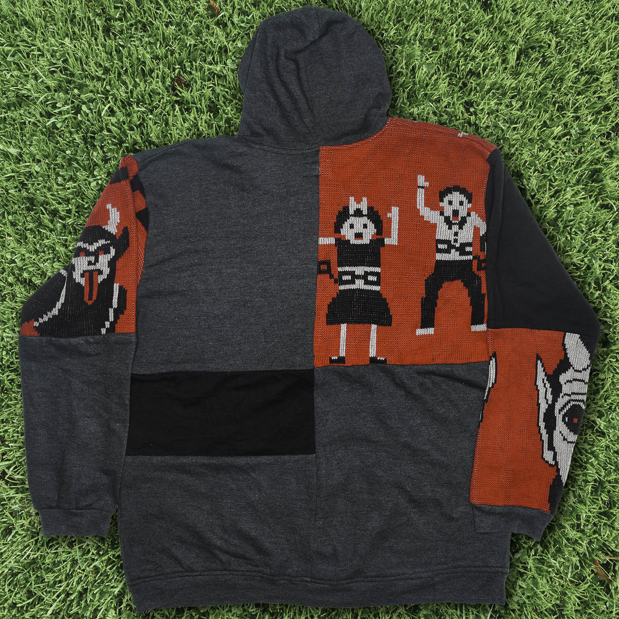 Dance with the Devil Tapestry Patch Hoodie — Upcycled Retro Satanic Folk Art Jacket