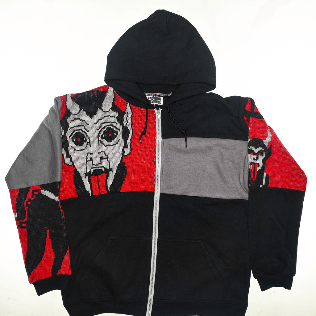 Hot Under the Collar Tapestry Patch Hoodie — Kitsch Devil Folk-Horror Upcycled Pop-Art Jacket