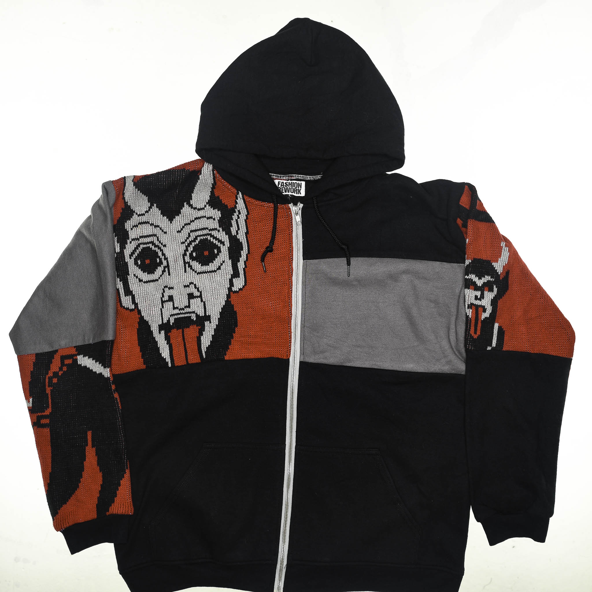 Hot Under the Collar Tapestry Patch Hoodie — Kitsch Devil Folk-Horror Upcycled Pop-Art Jacket