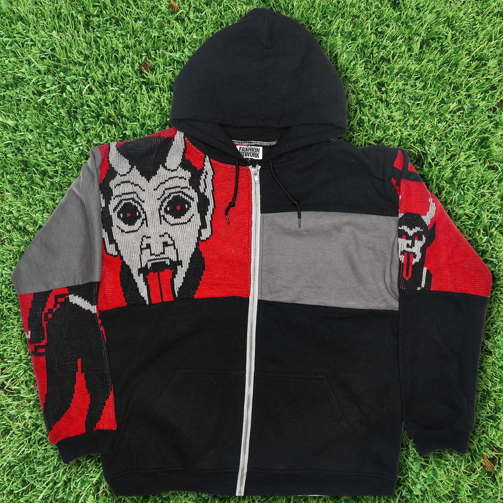 Hot Under the Collar Tapestry Patch Hoodie — Kitsch Devil Folk-Horror Upcycled Pop-Art Jacket