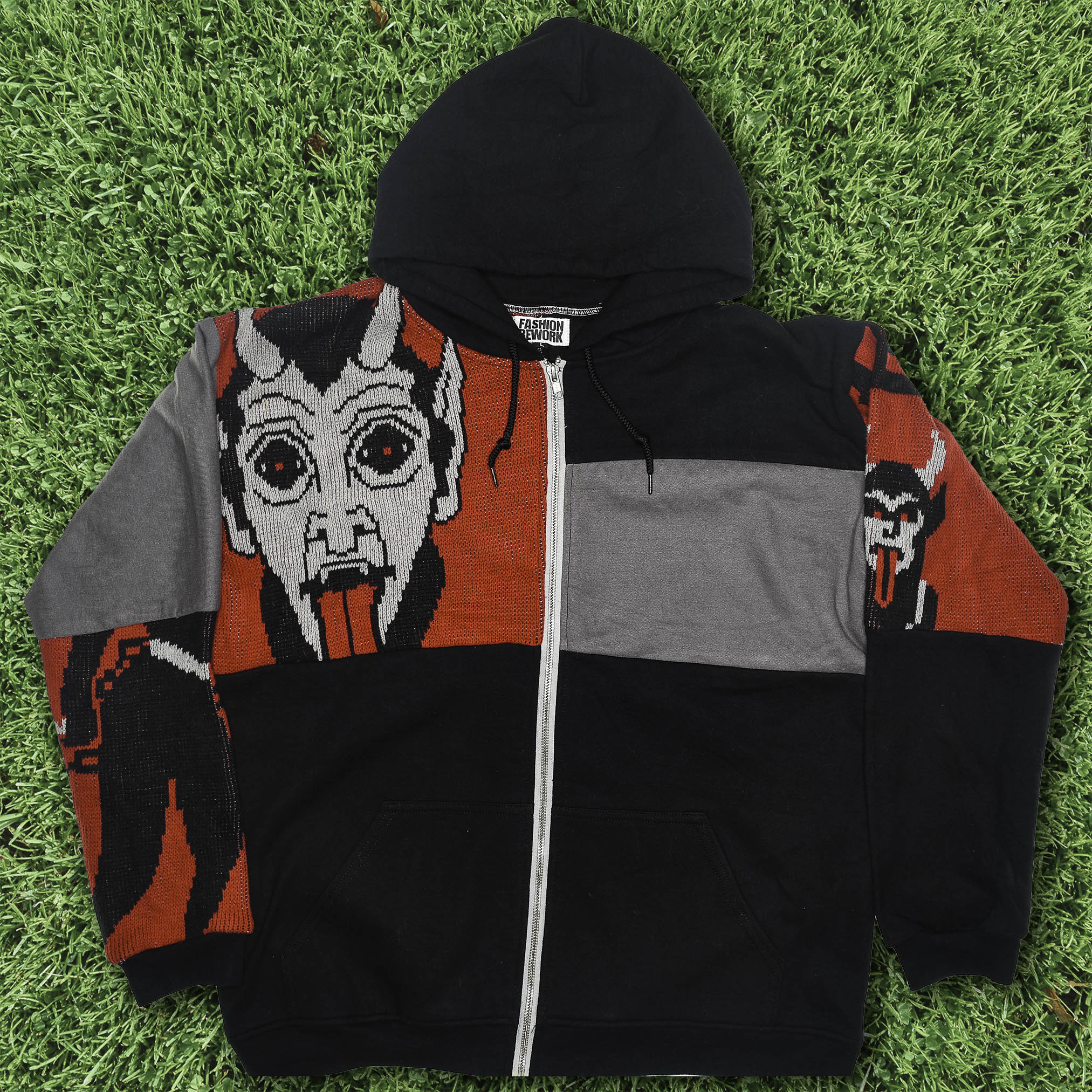 Hot Under the Collar Tapestry Patch Hoodie — Kitsch Devil Folk-Horror Upcycled Pop-Art Jacket