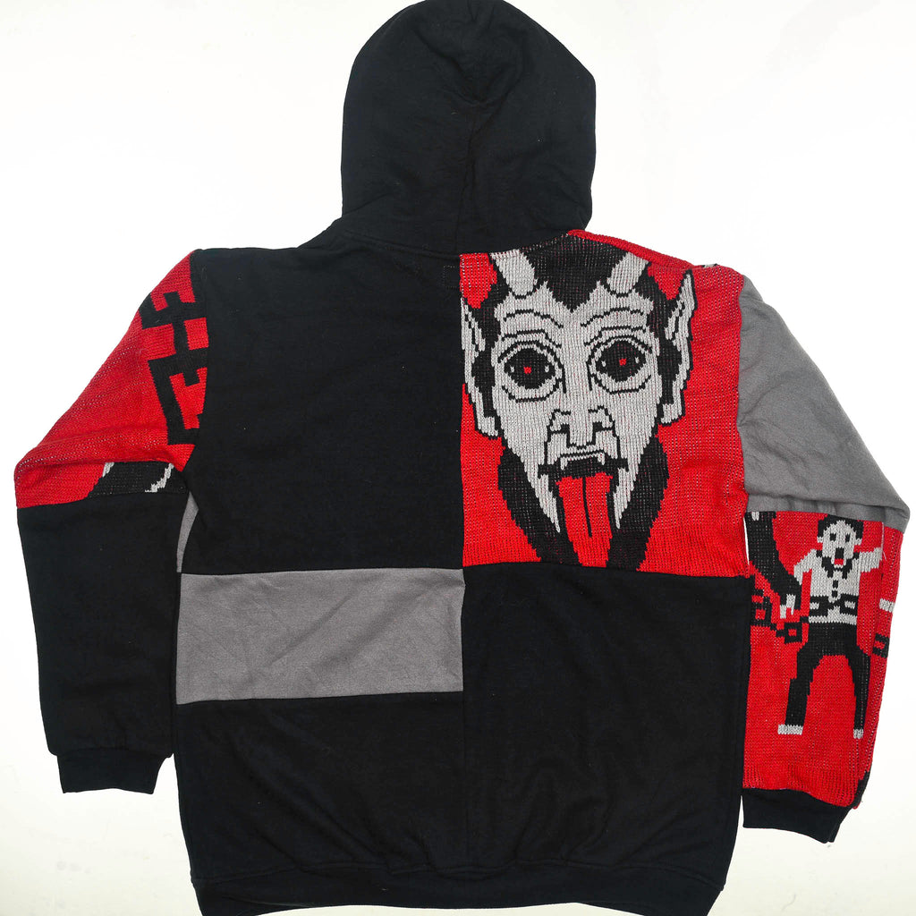 Hot Under the Collar Tapestry Patch Hoodie — Kitsch Devil Folk-Horror Upcycled Pop-Art Jacket