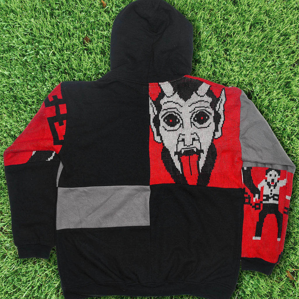Hot Under the Collar Tapestry Patch Hoodie — Kitsch Devil Folk-Horror Upcycled Pop-Art Jacket
