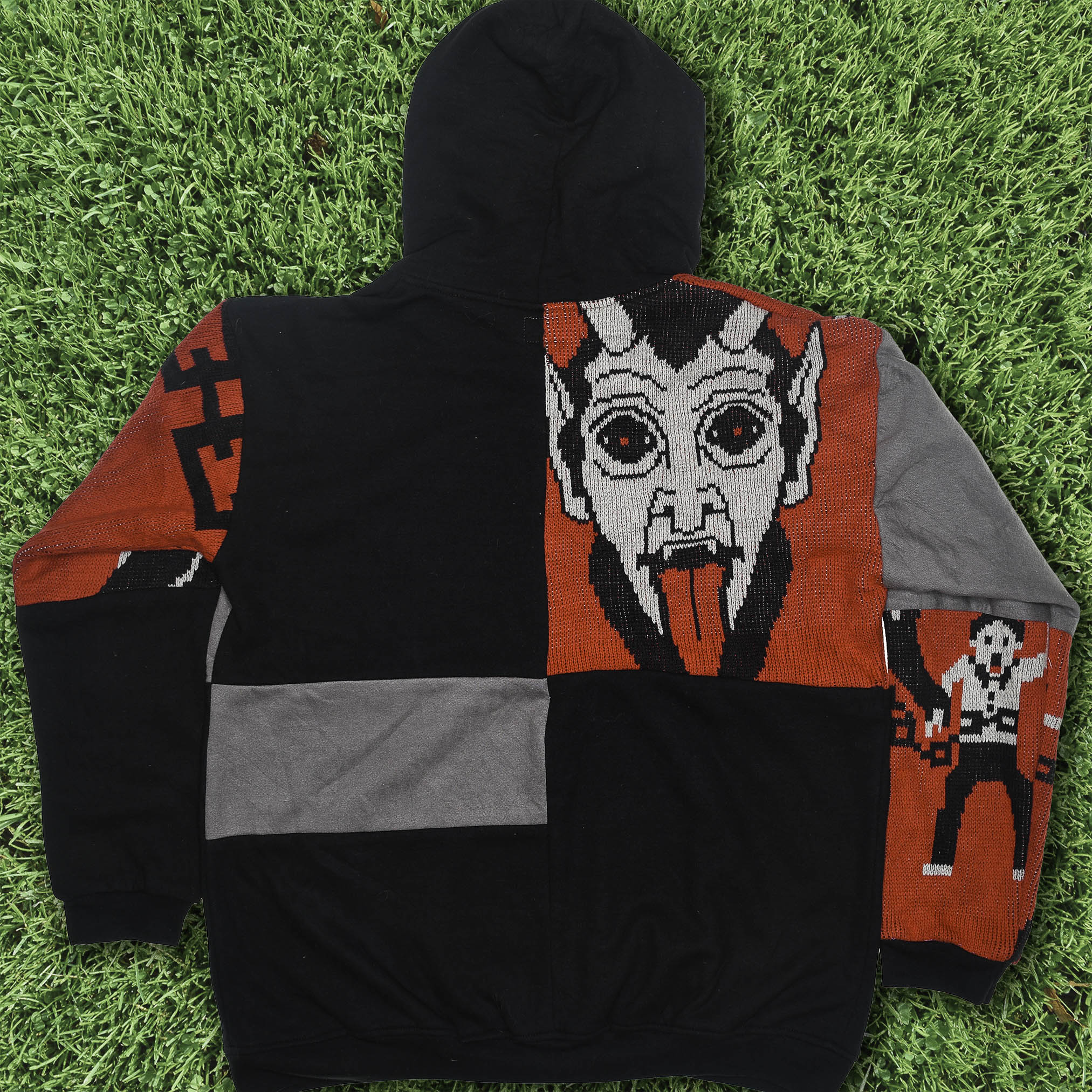 Hot Under the Collar Tapestry Patch Hoodie — Kitsch Devil Folk-Horror Upcycled Pop-Art Jacket