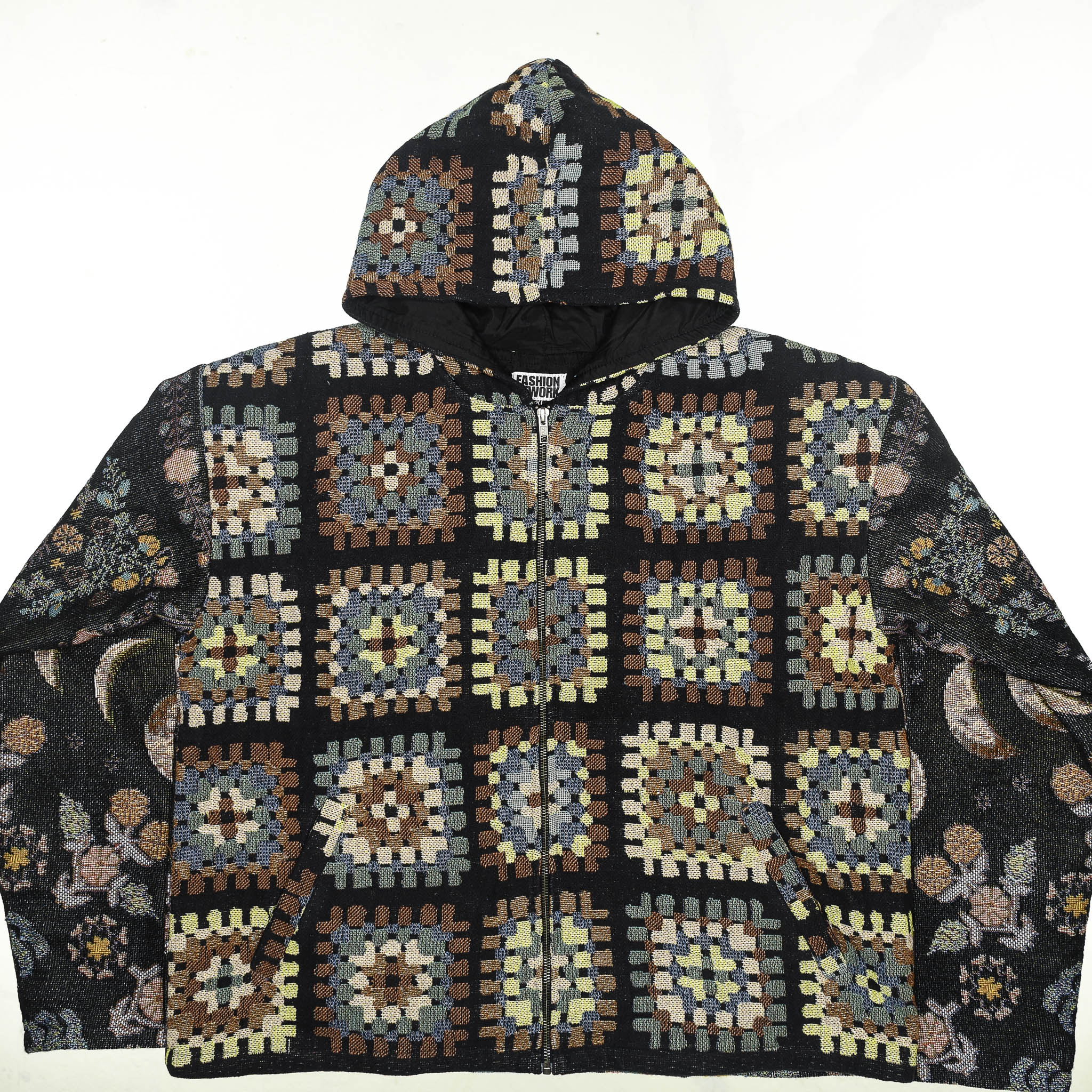 Lunar Garden Heirloom Tapestry Zip Coat — Moon Phase & Granny Square Hoodie