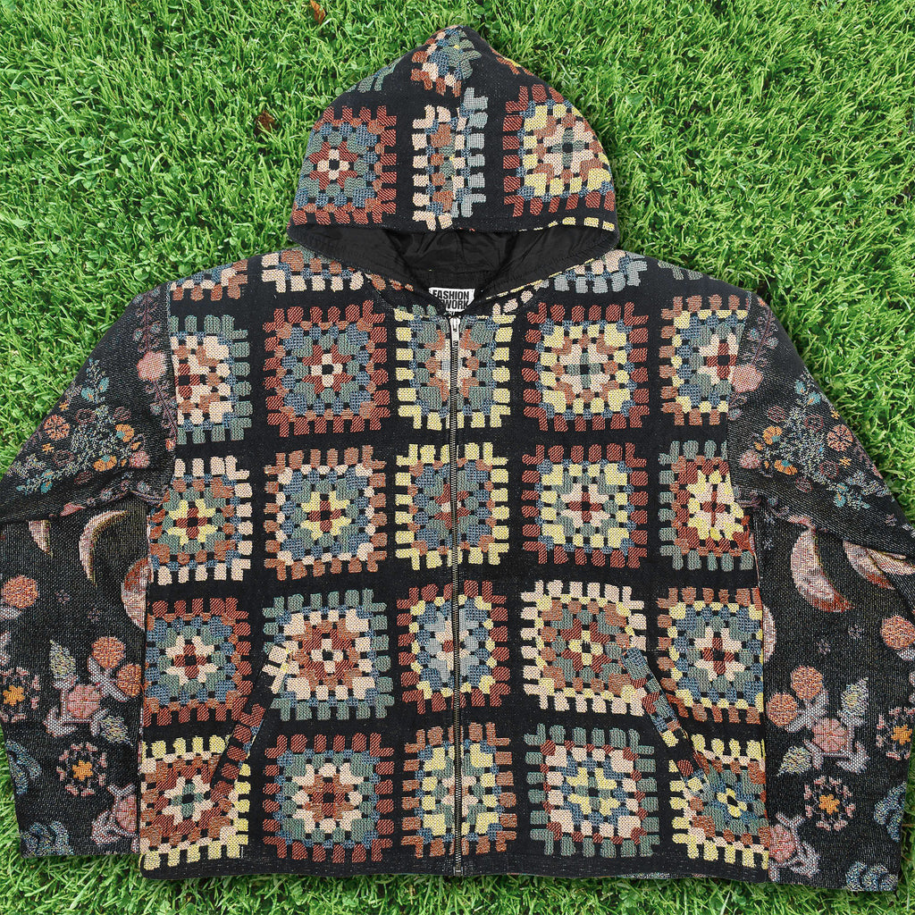 Lunar Garden Heirloom Tapestry Zip Coat — Moon Phase & Granny Square Hoodie