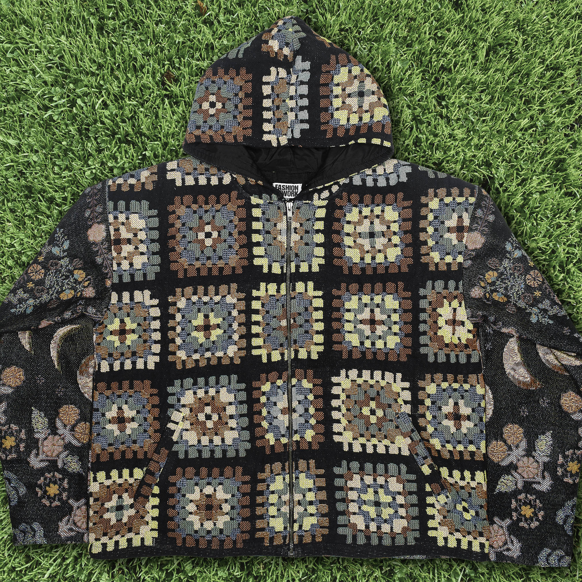 Lunar Garden Heirloom Tapestry Zip Coat — Moon Phase & Granny Square Hoodie