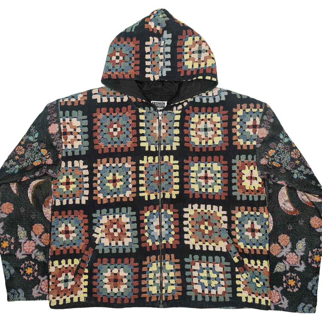 Lunar Garden Heirloom Tapestry Zip Coat — Moon Phase & Granny Square Hoodie