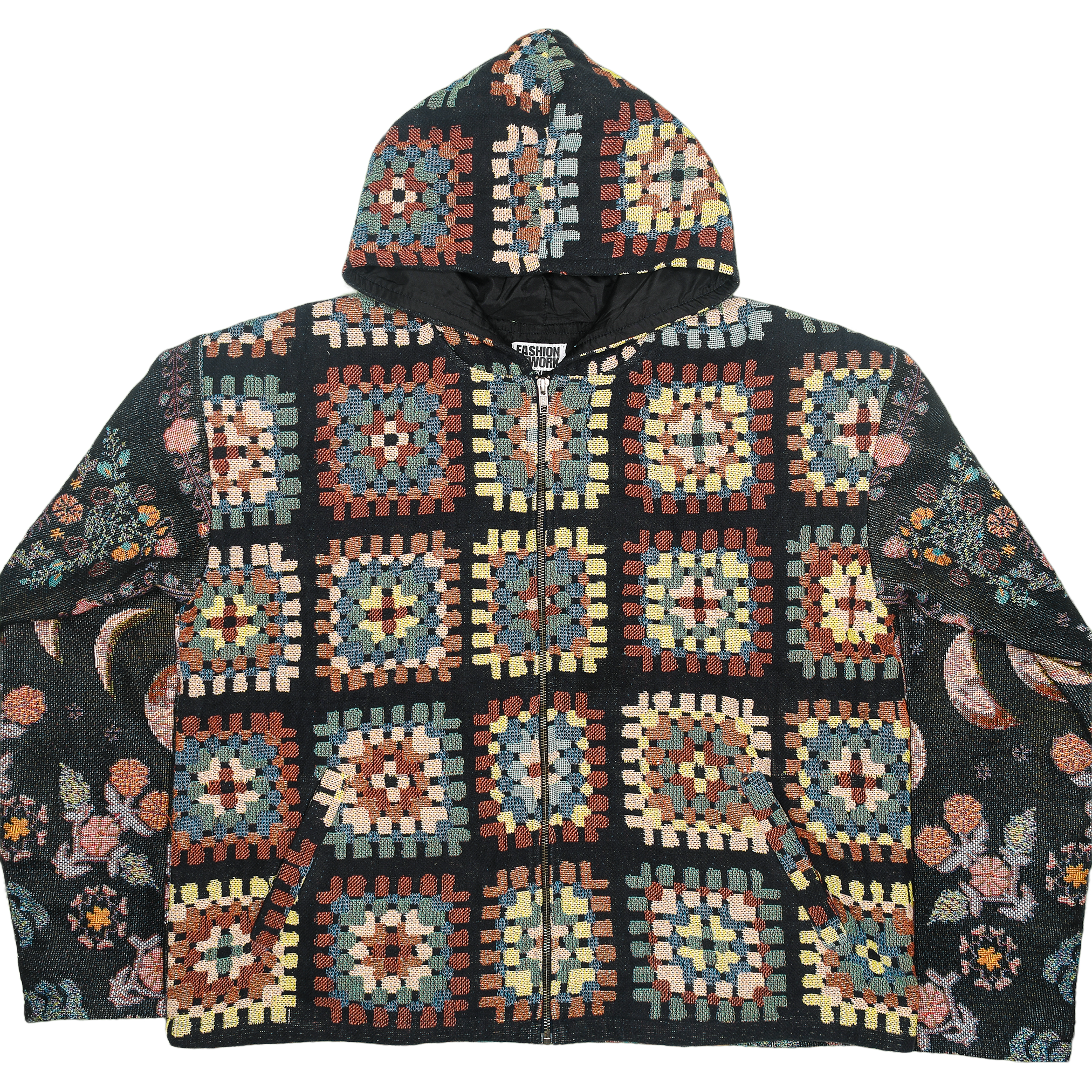 Lunar Garden Heirloom Tapestry Zip Coat — Moon Phase & Granny Square Hoodie