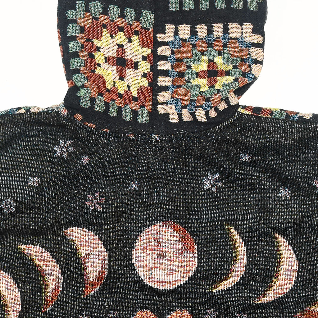 Lunar Garden Heirloom Tapestry Zip Coat — Moon Phase & Granny Square Hoodie