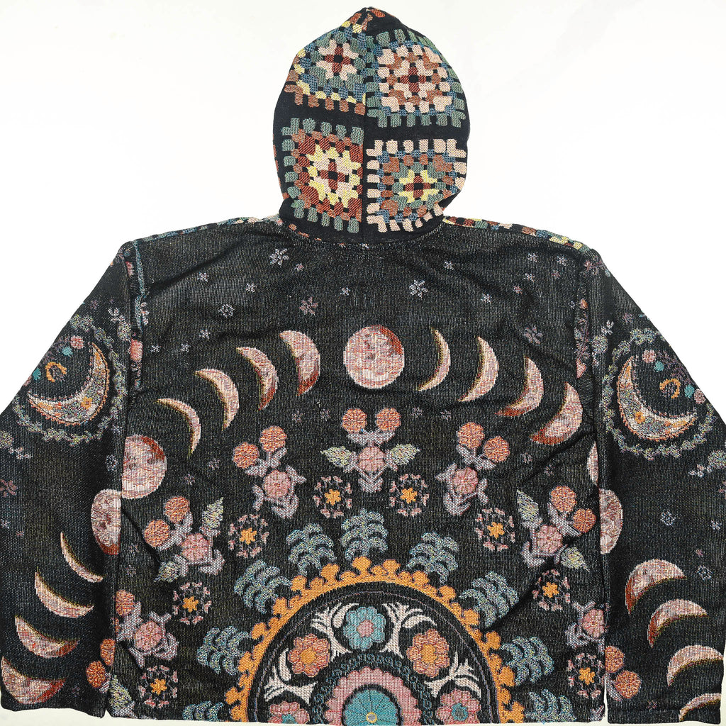 Lunar Garden Heirloom Tapestry Zip Coat — Moon Phase & Granny Square Hoodie