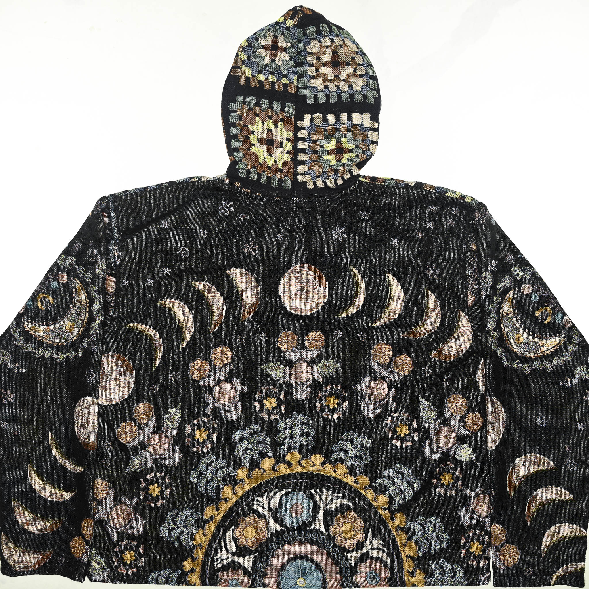 Lunar Garden Heirloom Tapestry Zip Coat — Moon Phase & Granny Square Hoodie