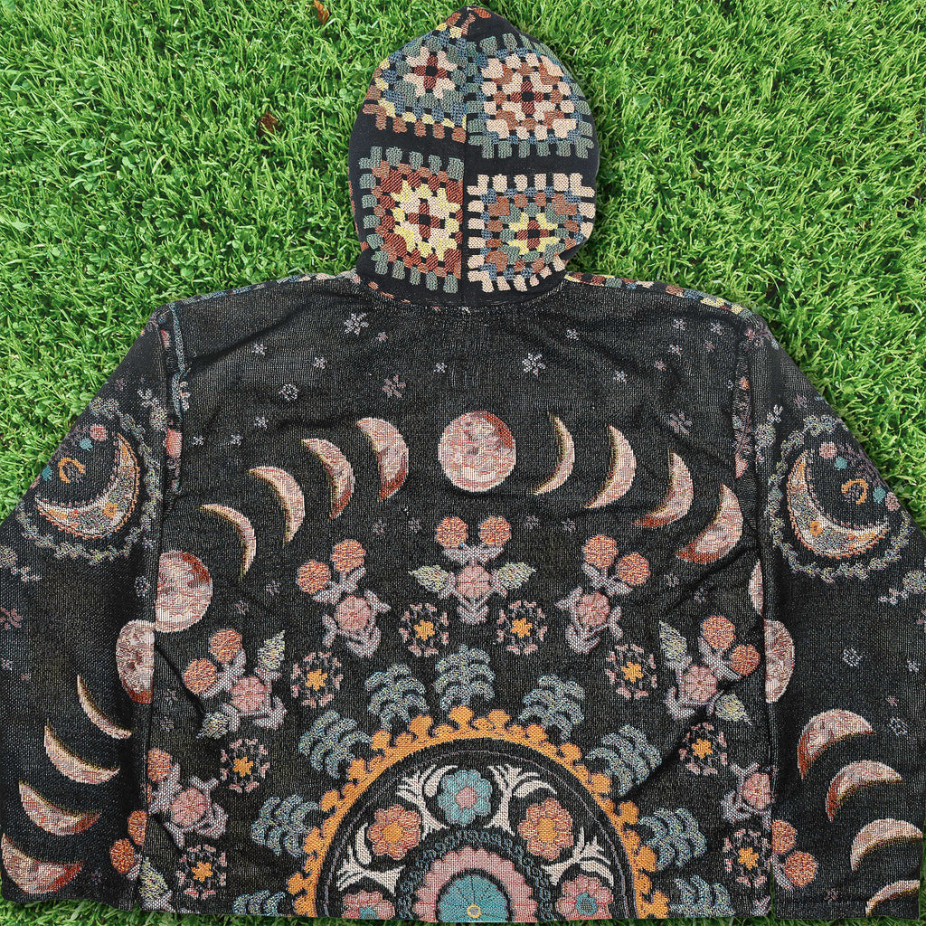 Lunar Garden Heirloom Tapestry Zip Coat — Moon Phase & Granny Square Hoodie
