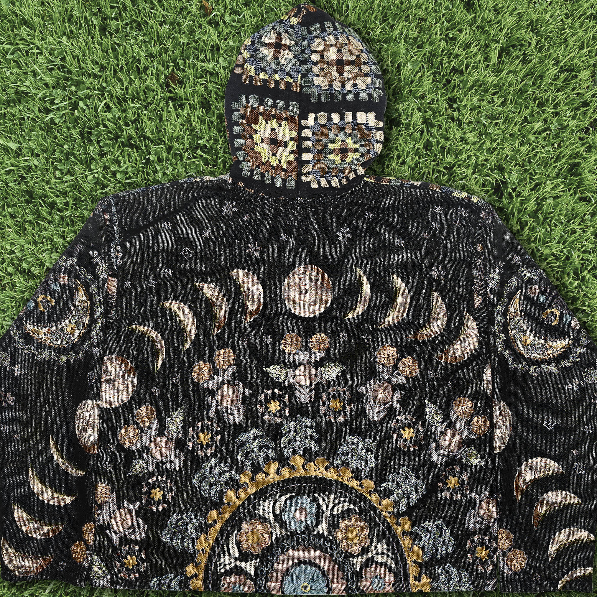 Lunar Garden Heirloom Tapestry Zip Coat — Moon Phase & Granny Square Hoodie
