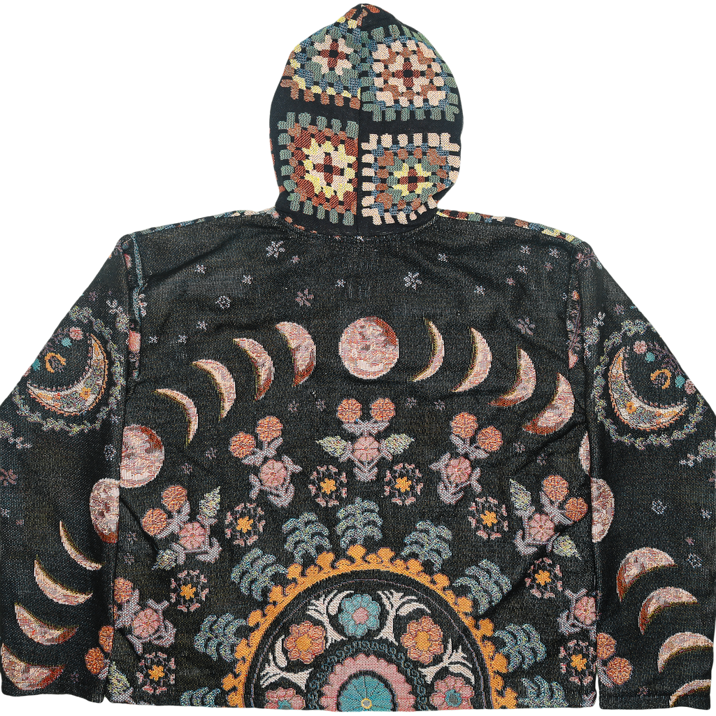 Lunar Garden Heirloom Tapestry Zip Coat — Moon Phase & Granny Square Hoodie