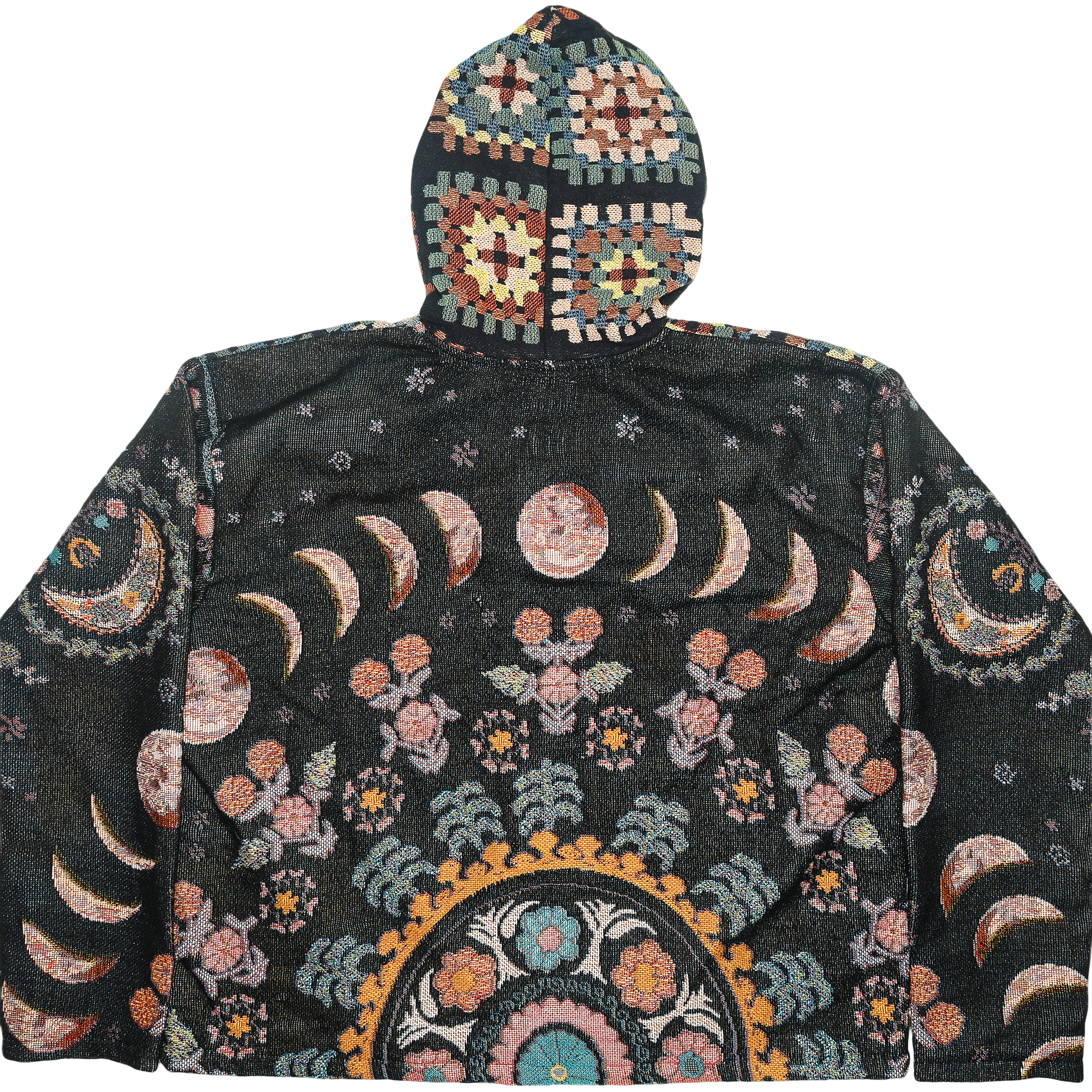 Lunar Garden Heirloom Tapestry Zip Coat — Moon Phase & Granny Square Hoodie