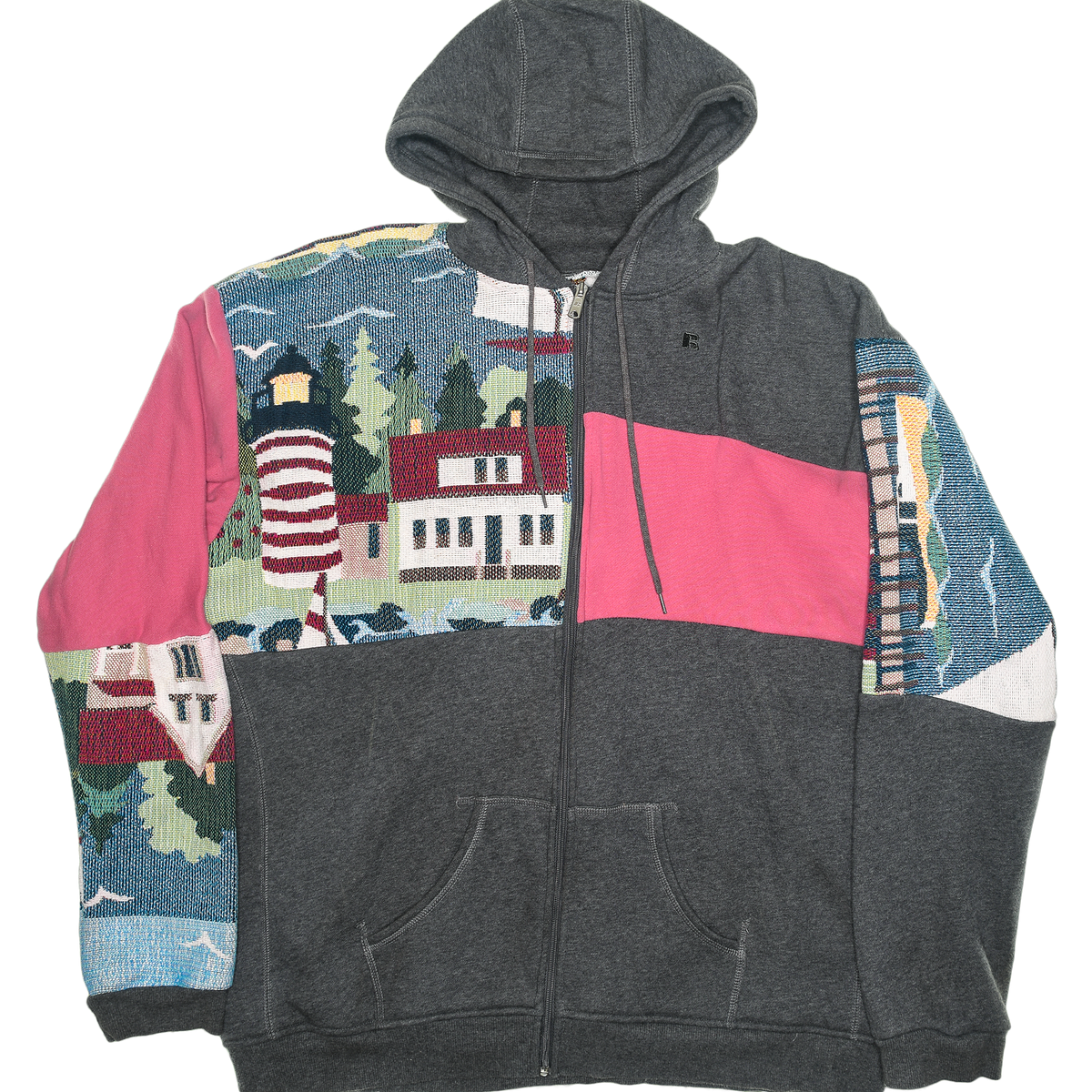 Forest & Seaside Lighthouse Patchwork Tapestry Zip Up Hoodie
