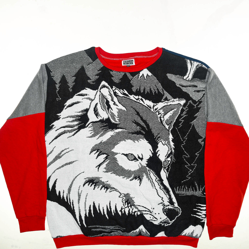 Lone Howl Tapestry Panel Pullover — Upcycled Wolf Artwear Sweatshirt in Red & Charcoal