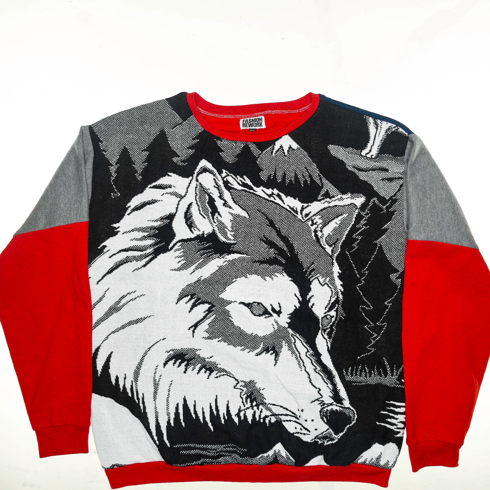 Lone Howl Tapestry Panel Pullover — Upcycled Wolf Artwear Sweatshirt in Red & Charcoal