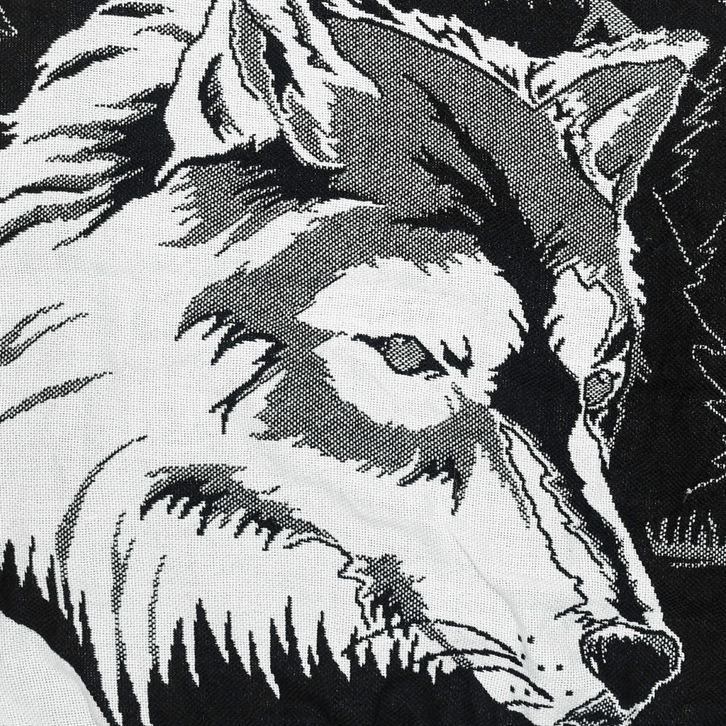 Lone Howl Tapestry Panel Pullover — Upcycled Wolf Artwear Sweatshirt in Red & Charcoal