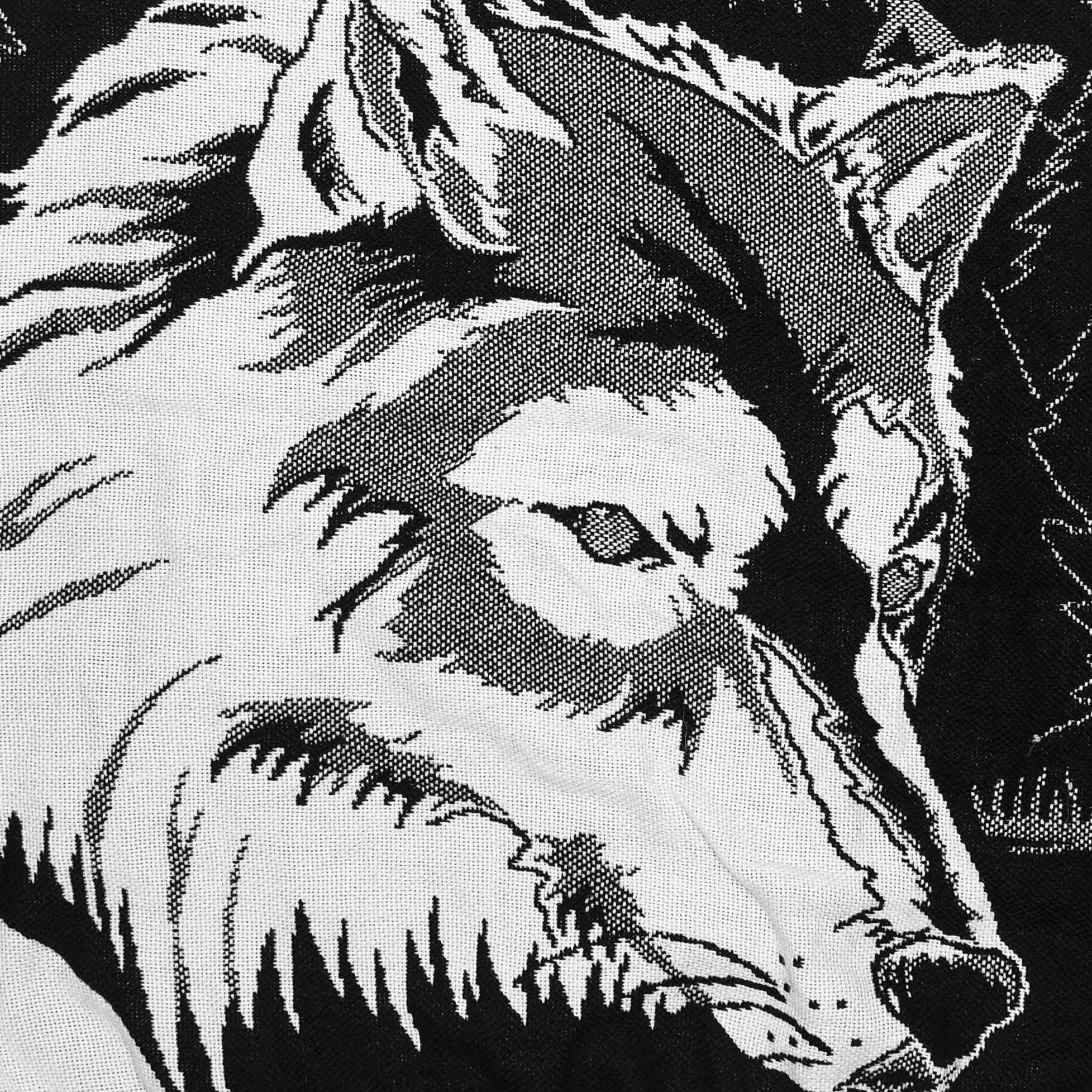 Lone Howl Tapestry Panel Pullover — Upcycled Wolf Artwear Sweatshirt in Red & Charcoal