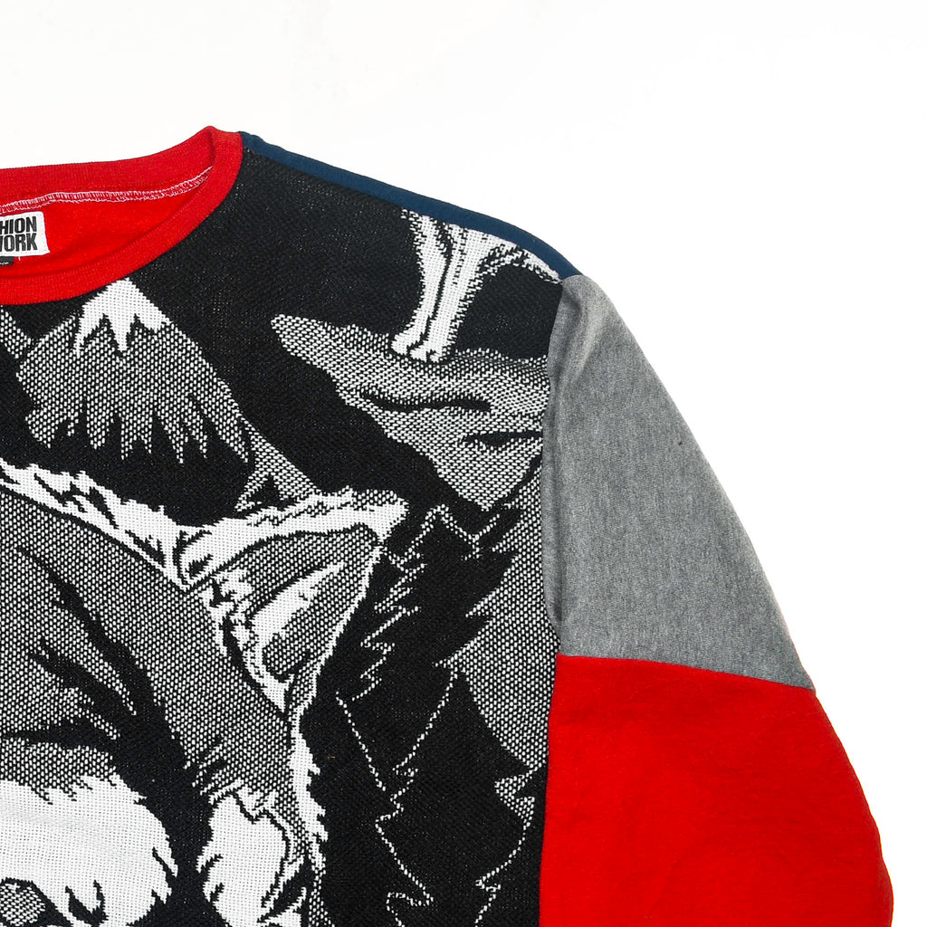 Lone Howl Tapestry Panel Pullover — Upcycled Wolf Artwear Sweatshirt in Red & Charcoal