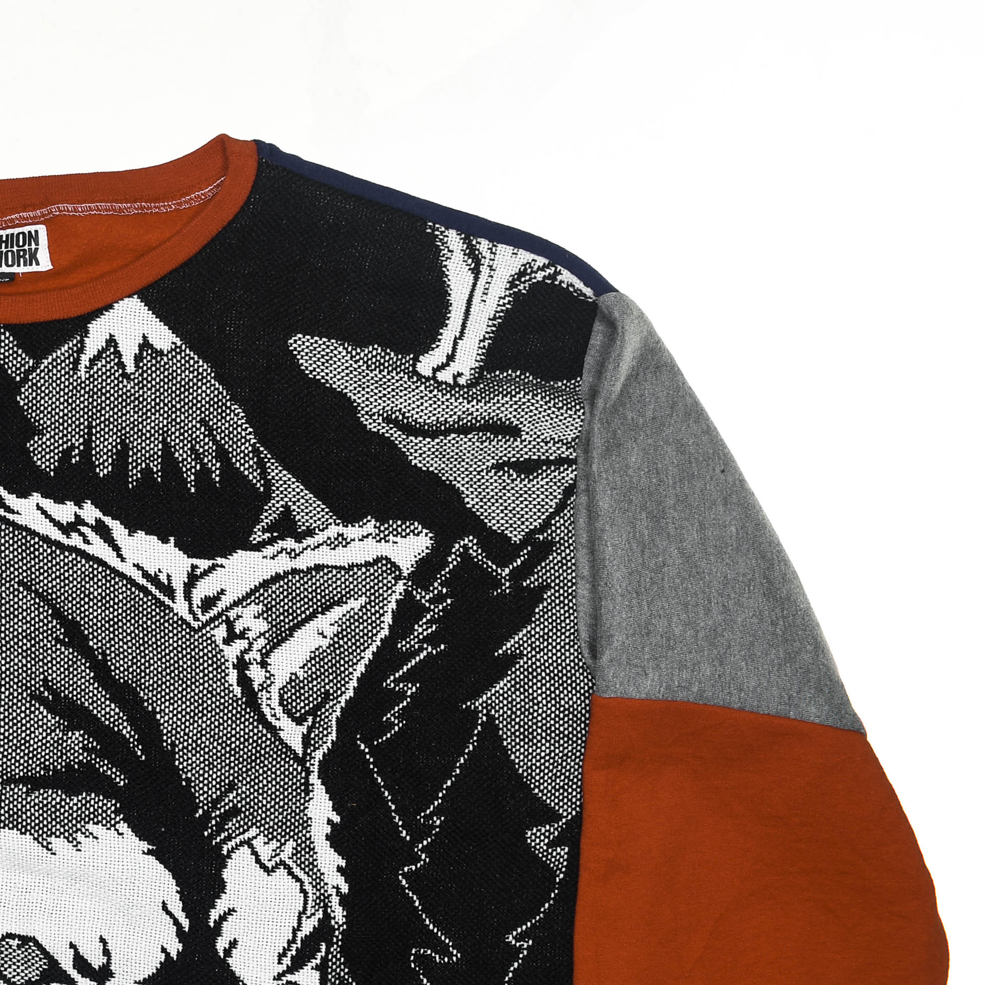 Lone Howl Tapestry Panel Pullover — Upcycled Wolf Artwear Sweatshirt in Red & Charcoal