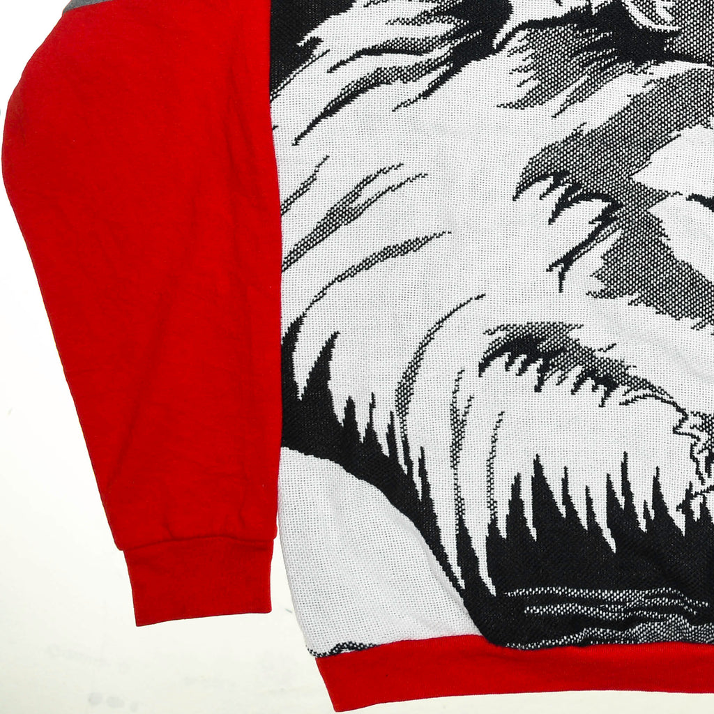 Lone Howl Tapestry Panel Pullover — Upcycled Wolf Artwear Sweatshirt in Red & Charcoal