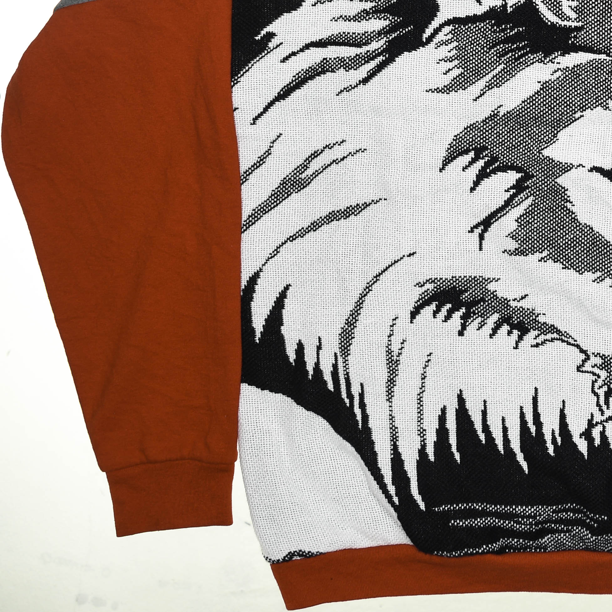 Lone Howl Tapestry Panel Pullover — Upcycled Wolf Artwear Sweatshirt in Red & Charcoal