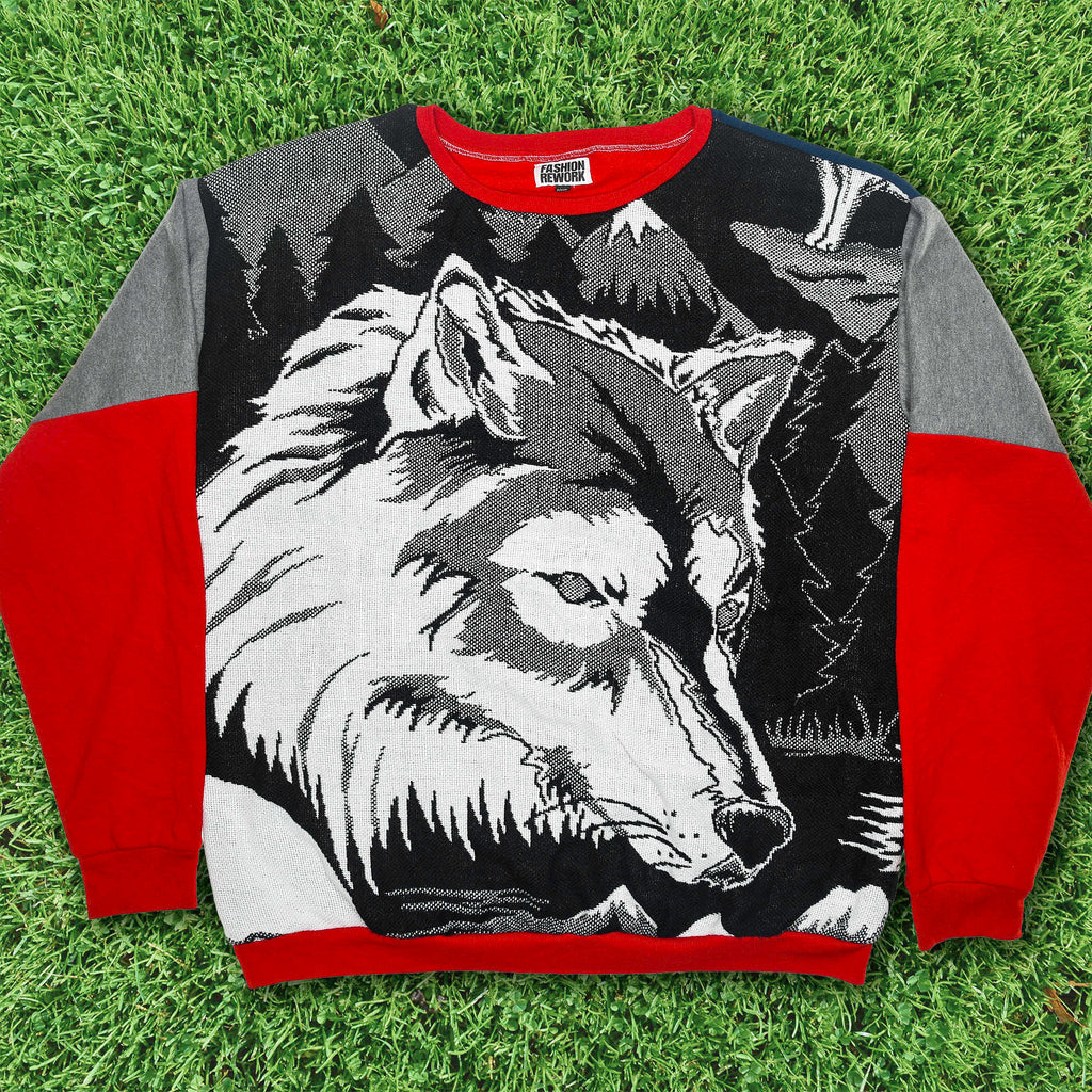 Lone Howl Tapestry Panel Pullover — Upcycled Wolf Artwear Sweatshirt in Red & Charcoal