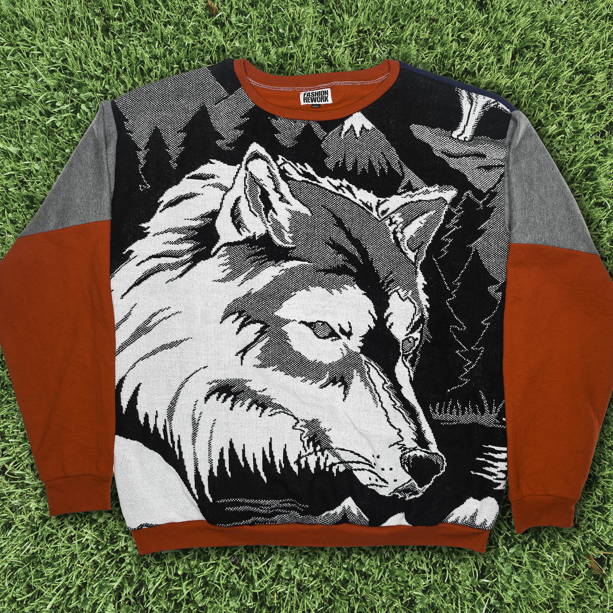 Lone Howl Tapestry Panel Pullover — Upcycled Wolf Artwear Sweatshirt in Red & Charcoal