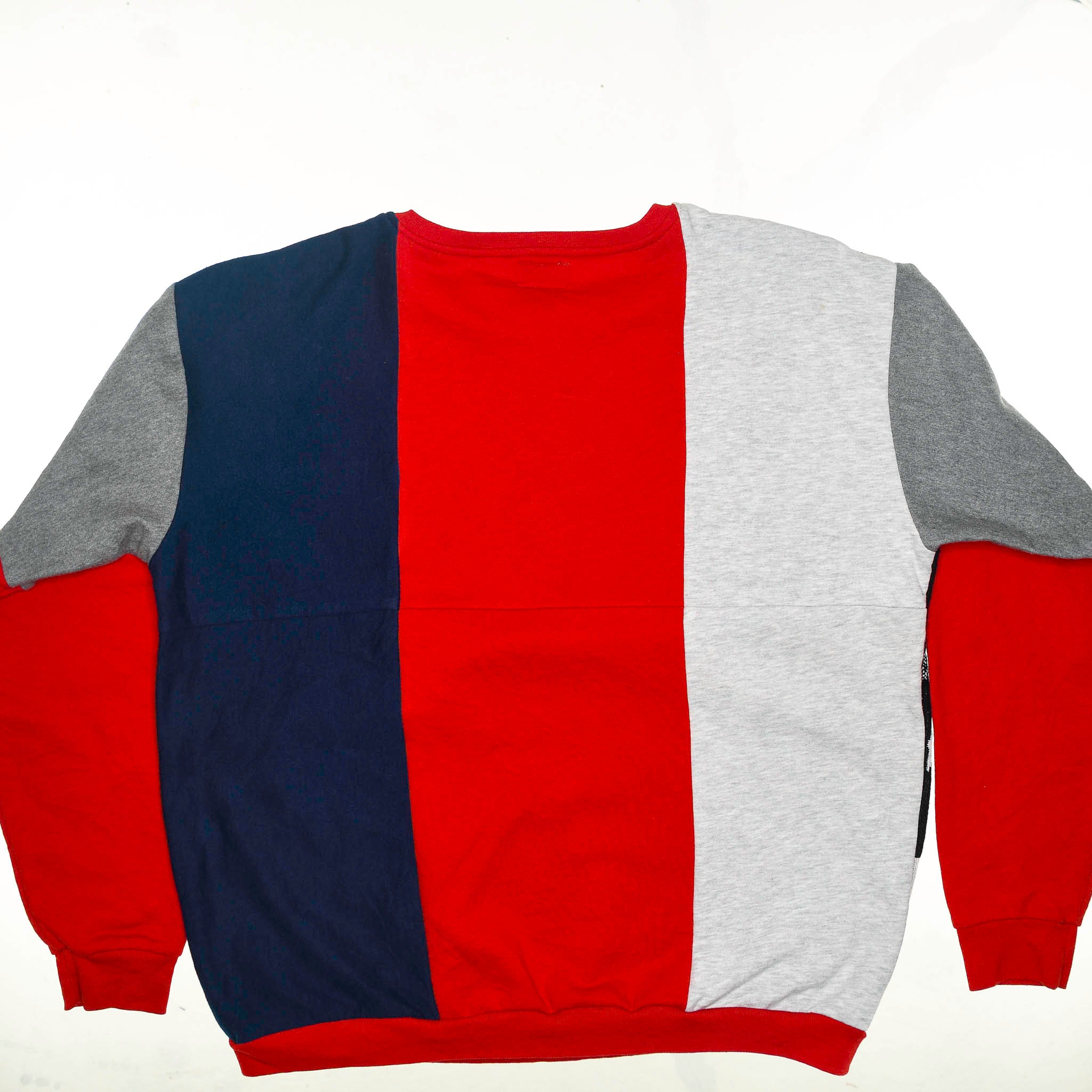 Lone Howl Tapestry Panel Pullover — Upcycled Wolf Artwear Sweatshirt in Red & Charcoal