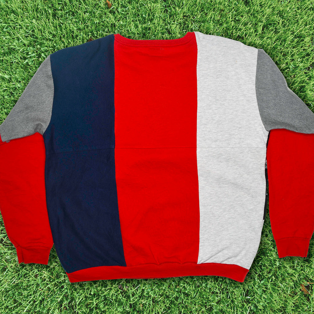 Lone Howl Tapestry Panel Pullover — Upcycled Wolf Artwear Sweatshirt in Red & Charcoal