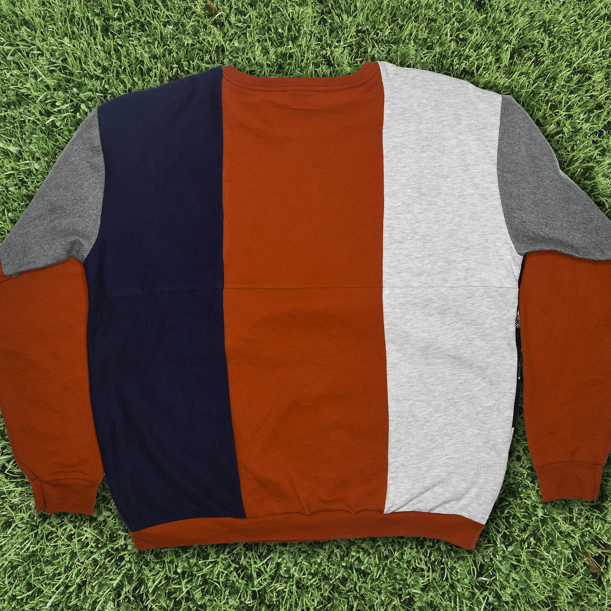 Lone Howl Tapestry Panel Pullover — Upcycled Wolf Artwear Sweatshirt in Red & Charcoal