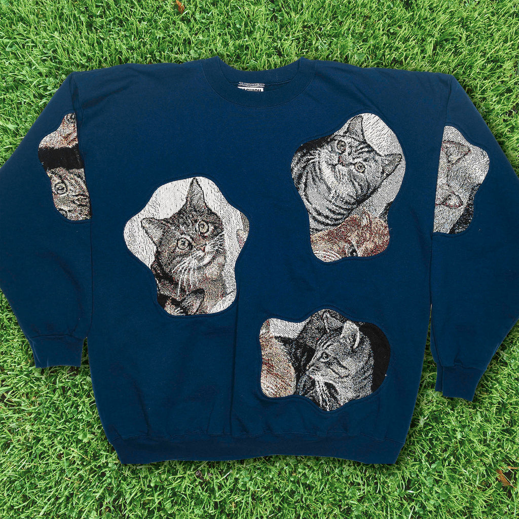 Navy Blue Cat Amoeba Tapestry Pullover
