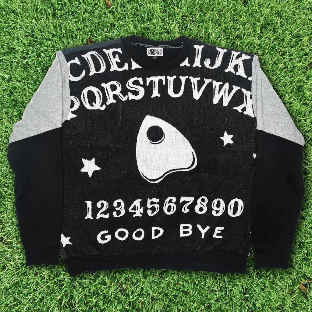 Spirit Channel Tapestry Panel Pullover — Upcycled Ouija Board Artwear Sweatshirt