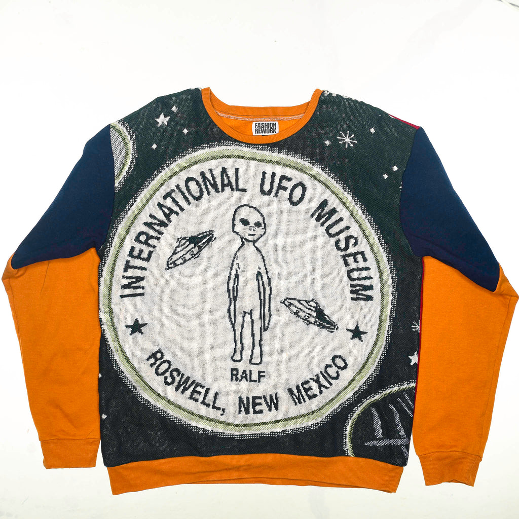 Roswell Landing Tapestry Panel Pullover — Rare UFO Museum Upcycled Alien Artwear Sweatshirt